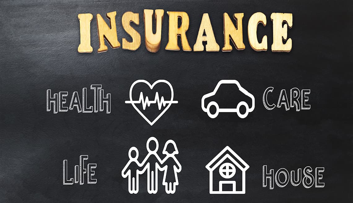 Insurance, with the words health, care, life, and house.