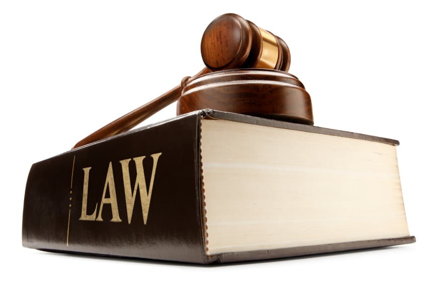 A law book with a gavel, labeled LAW.
